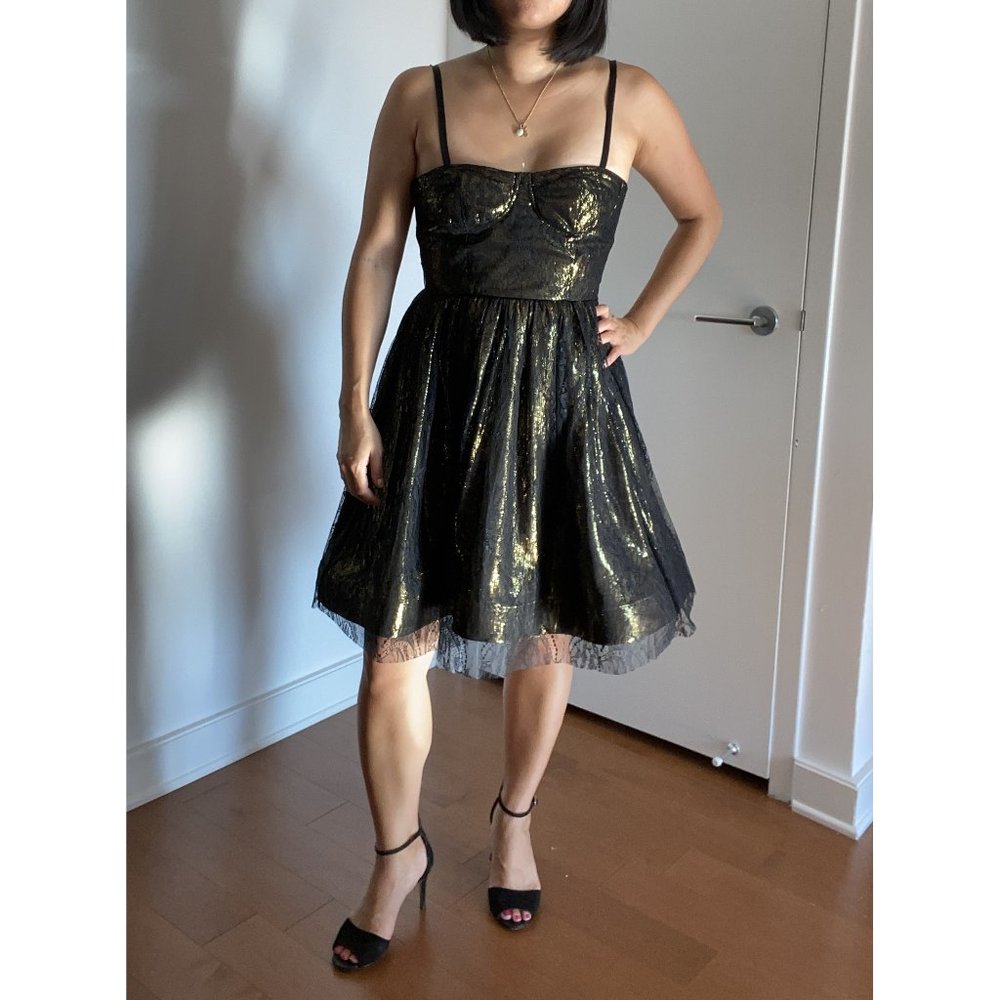 NWT Alice + Olivia Black Lace, Gold Mini "Yelle" Dress Size 2